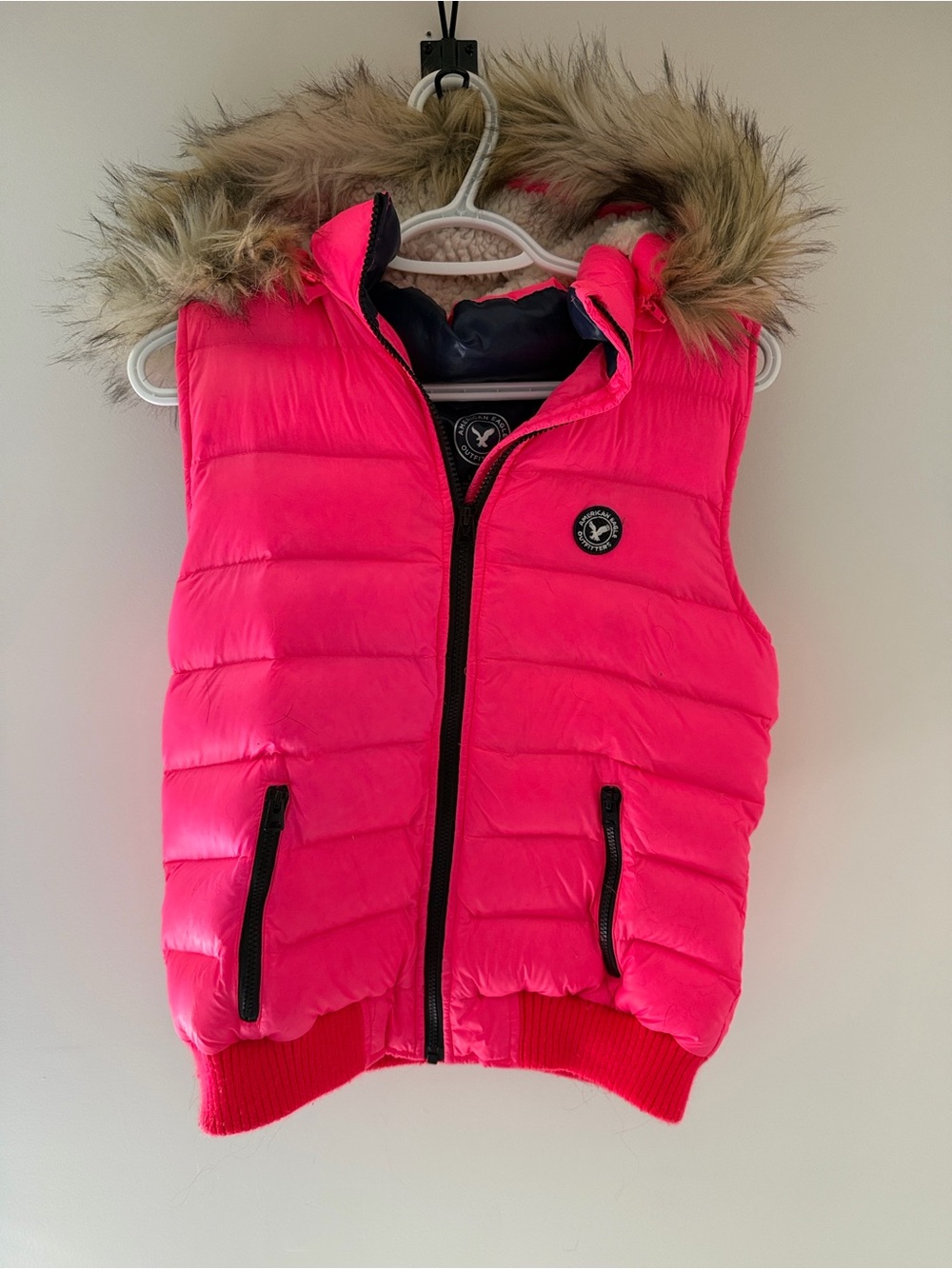 American Eagle Outfitters Hot Pink Puffer Vest with Faux Fur Hood